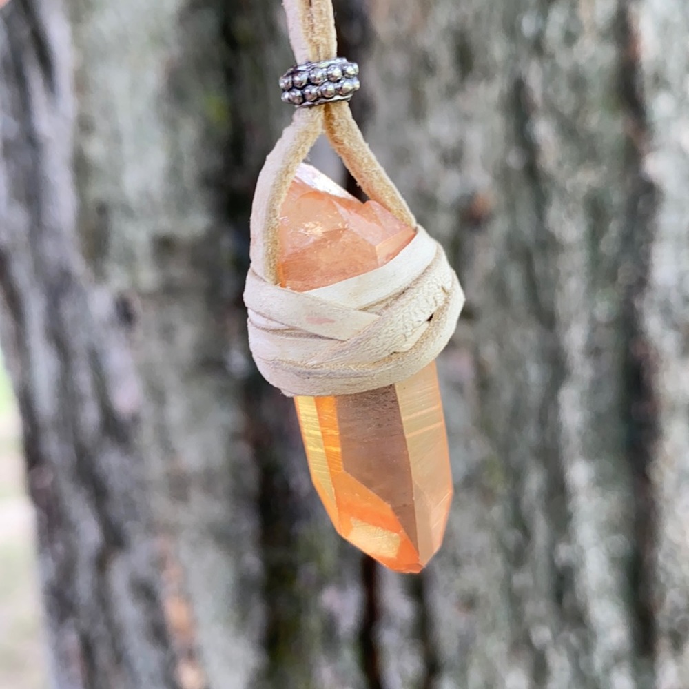 Leather wrapped tangerine quartz necklace - handmade and adjustable